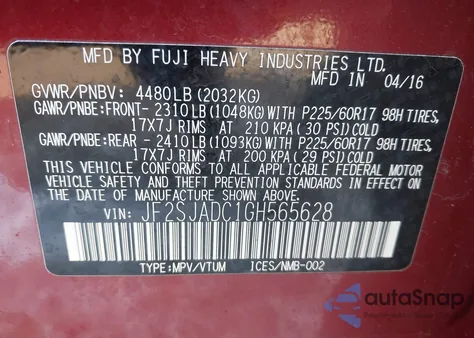 2016 Subaru Forester 2.5I Premium из США, поврежденный, VIN JF2SJADC1GH565628